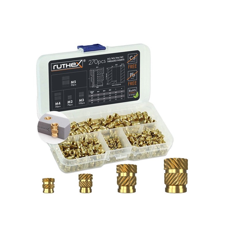 Ruthex M2 / M3 / M4 / M5 Threaded Insert Assortment Box - 270pcs Ruthex M2 / M3 / M4 / M5 Threaded Insert Assortment Box - 270pcs