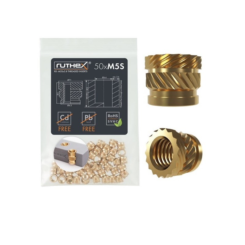 Ruthex M5 Short threaded insert – Rx-M5Sx5.8 - 50 pcs Ruthex M5 Short threaded insert – Rx-M5Sx5.8 - 50 pcs